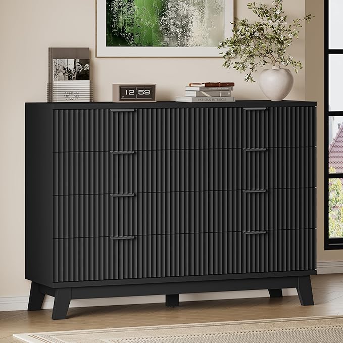 53" Tall Dresser for Bedroom, 8-Drawer Fluted Chest of Drawers, Modern Wood Highboy with Metal Slides and Handles, Anti-Tip Kit, Vertical Clothes Storage Organizer for Apartment, Closet