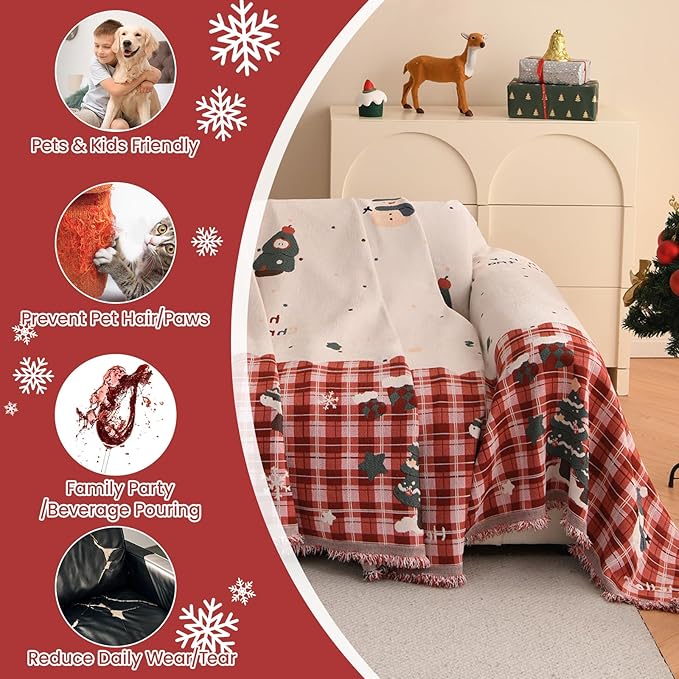 Chenille Armchair Sofa Slipcover Washable Furniture Protector Recliner Couch Cover 1-Piece Cushion Stain Resistant Chair Cover Soft Breathable Couch Cover Blanket, Red Plaid 71"x 134"