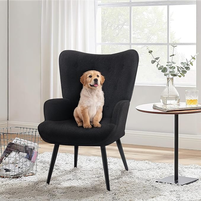 Furnimart Mid-Century Modern Accent Chairs Set of 2, Black Sherpa Wingback Reading Chairs with High Backrest, Armchair for Living Room, Bedroom, Waiting Room