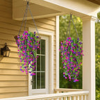 Artificial Hanging Flowers – 4 Pack UV Resistant Fake Morning Glory Vine Faux Plants for Porch, Patio, Balcony, Garden, Indoor & Outdoor Decor (Purple & Hot Pink)