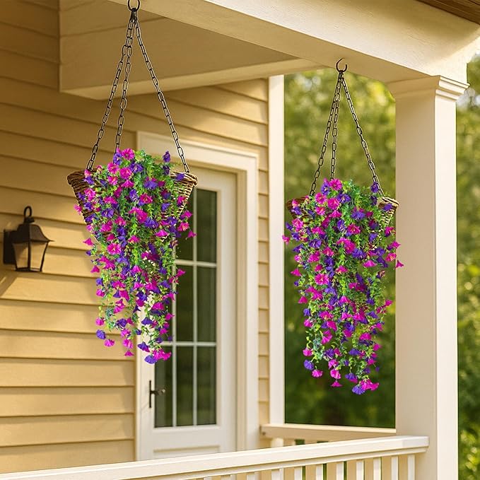 Artificial Hanging Flowers – 4 Pack UV Resistant Fake Morning Glory Vine Faux Plants for Porch, Patio, Balcony, Garden, Indoor & Outdoor Decor (Purple & Hot Pink)