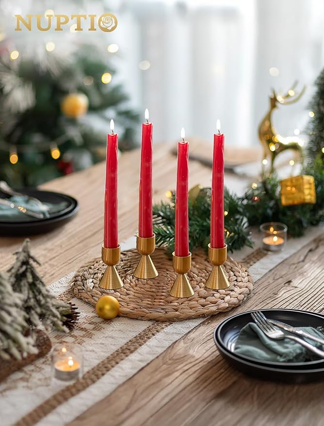 NUPTIO Candle Stick Candle Holder: Set of 4 Gold Aluminium Candlestick Holders - Brass Taper Candleholder for Fall Thanksgiving Christmas Table Fireplace Decoration