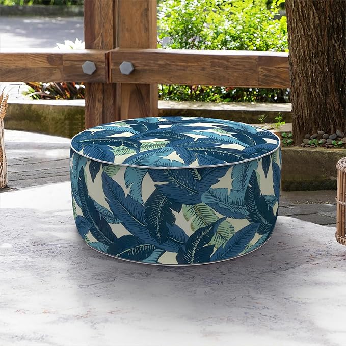 LVTXIII Indoor/Outdoor Inflatable Ottoman, D31 x H14 Inch Large Round Ottoman, All Weather Foot Rest Stool, Portable Footrest for Patio, Garden, Camping and Home - Swaying Palms Blue