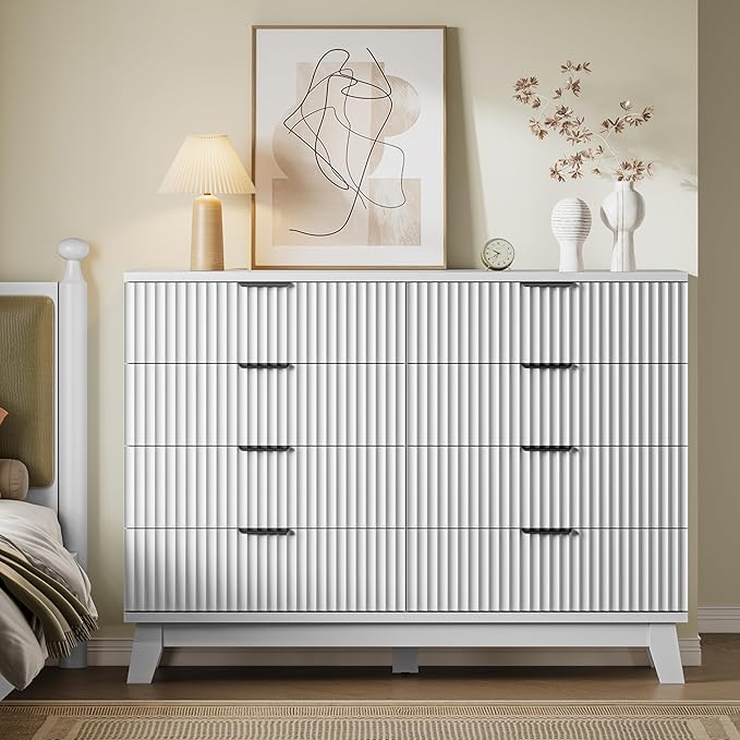 53" Tall Dresser for Bedroom, 8-Drawer Fluted Chest of Drawers, Modern Wood Highboy with Metal Slides and Handles, Anti-Tip Kit, Vertical Clothes Storage Organizer for Apartment, Closet