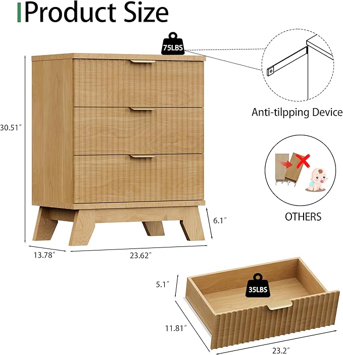 Fluted Nightstand, 24" Wide Side Table with 3 Large Storage Drawers, Mid Century Modern Wood Night Stand with Metal Handle, Wooden Bedside End Table for Bedroom, Living Room, Closet, Natural Oak