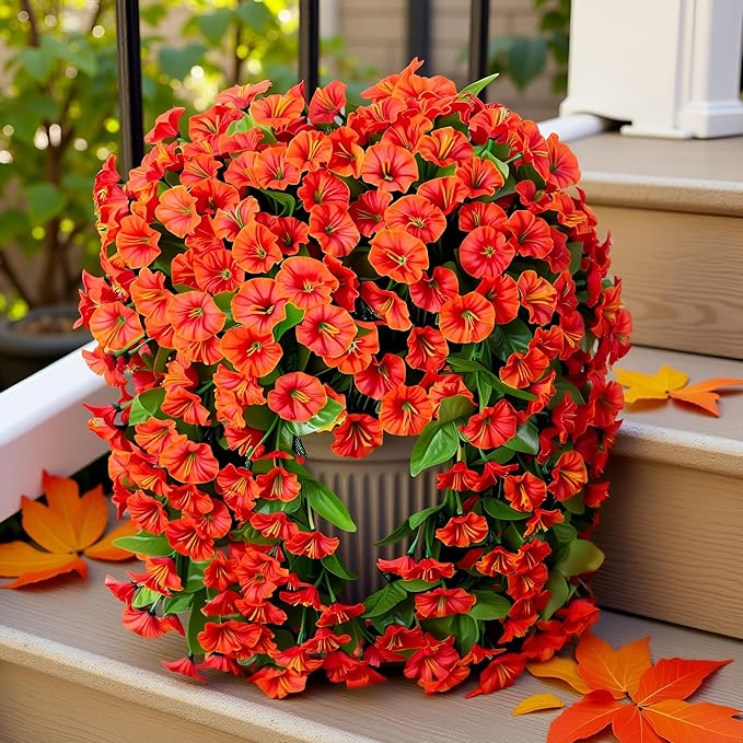 Artificial Fake Fall Hanging Flowers Plants for Outdoor Outside, 2 PCS Faux Silk Orange Morning Glory Trailing Vines Look Real UV Resistant for Autumn Porch Planter Patio Decor