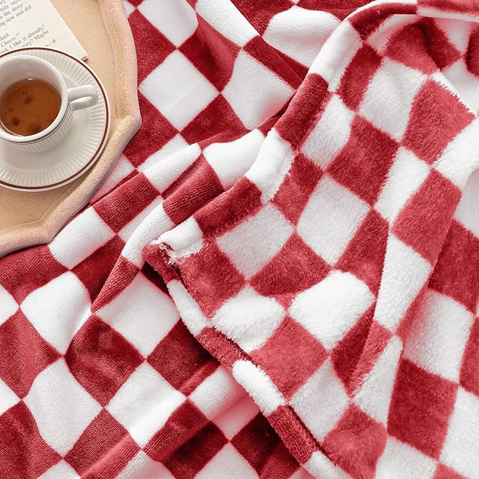 LOMAO Throw Blankets Flannel Blanket with Checkerboard Grid Pattern Soft Throw Blanket for Couch, Bed, Sofa Luxurious Warm and Cozy for All Seasons (Red, 50"x60")