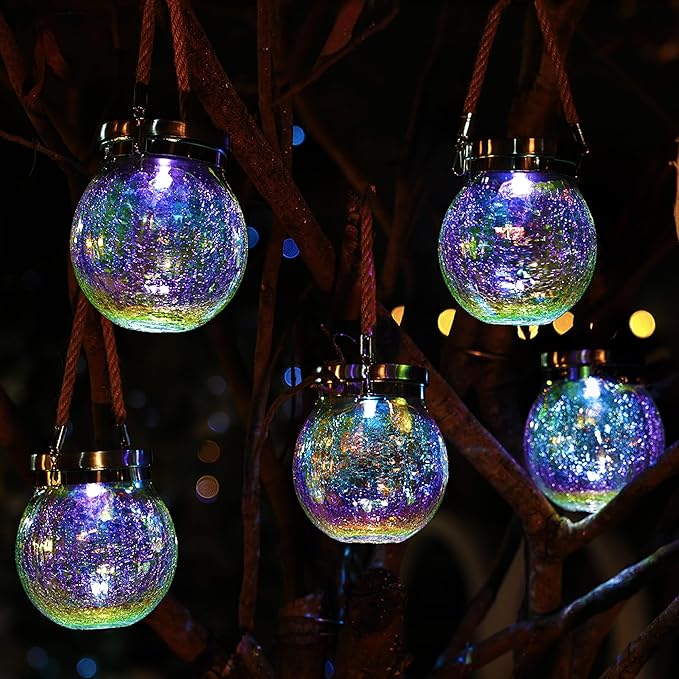 Cooo 6 Pack Solar Lantern Outdoor Waterproof Iridescent Crackle Glass with 215% Larger Solar Panel, Stainless Steel Lid – Rainbow Glass Hanging Light with Cool White LED for Garden Patio Table