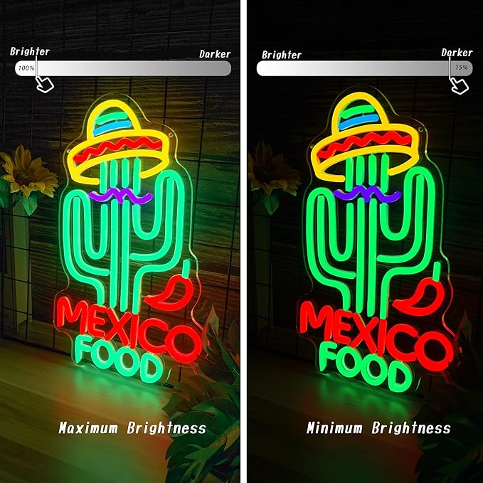 Mexican Food Neon Sign Cactus Neon Lights Dimable Colorful LED Mexican Art Lights Wall Decor for Mexican Restaurants Bars Food Trucks Unique Gift for Taco Enthusiasts Fiesta Parties (15×9.1inch)
