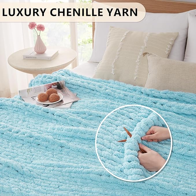 L'AGRATY Chunky Knit Throw: 80''x90'' Chenille Blanket for Bed Couch - Handmade Thick Big Cable Knit - Large Crochet Throw for Home Decor (Light Blue)