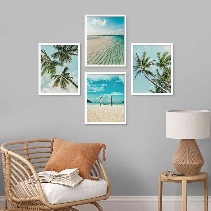 SIGNWIN Framed White Topical Teal Sky Palm Tree Beach Ocean Seaside Wall Art, Set of 4 Landscape Colorful Wall Decor Prints, Nature Wilderness Wall Décor for Living Room, Bedroom - 11"x14" White