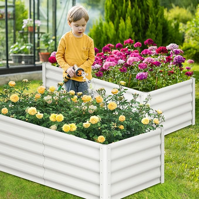 Galvanized Raised Garden Bed Outdoor, 2 Pcs 6x3x1.5FT Outdoor Large Planter Raised Beds Open Base with Safety Edge and Glove for Vegetables Flowers Ground Planter, White