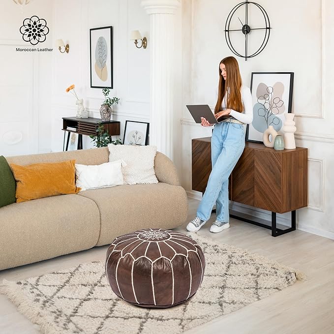 Handmade Moroccan Genuine Leather Pouf Ottoman Cover – Unstuffed Foot Stool Ottoman, Boho Foot Rest Under Desk, Round Ottoman for Living Room, Bedroom - Housewarming Gifts New Home, Weddings Gifts