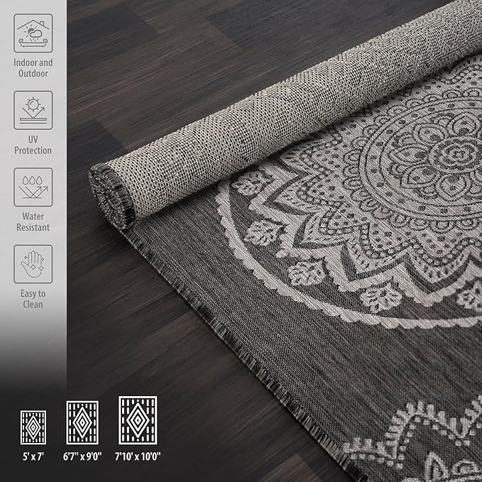 CAMILSON Outdoor Rug 8x10 Modern Area Rugs for Indoor and Outdoor Patios and Porches - Waterproof, Non-Shedding, Easy-to-Clean Outside Carpet (8 x 10, Medallion - Dark Grey/Light Grey)