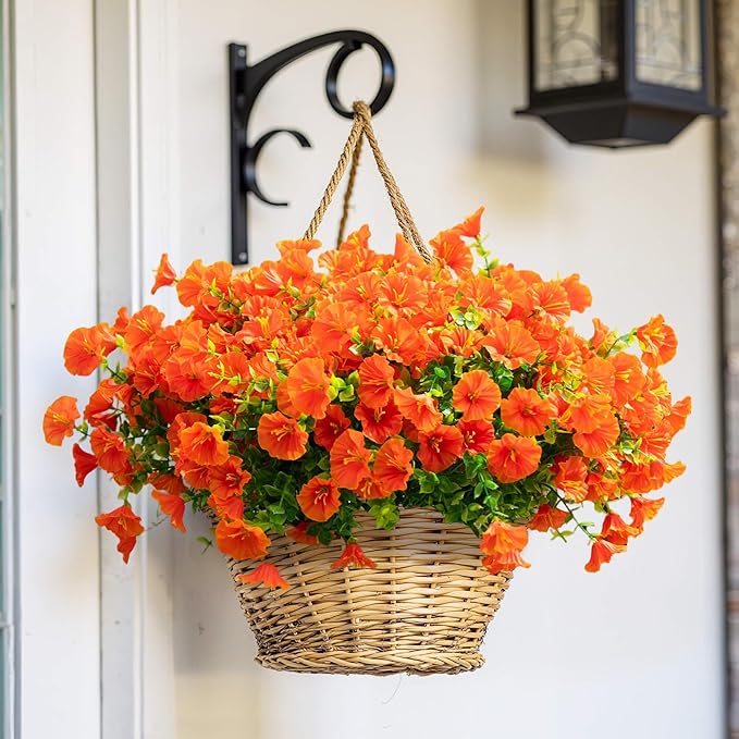 Artificial Flowers for Outdoor Decoration,16 Bundles Fake Silk Realistic Orange Morning Glory UV Resistant Faux Plastic Plants for Planter Porch Patio Yard Balcony(Orange Red)