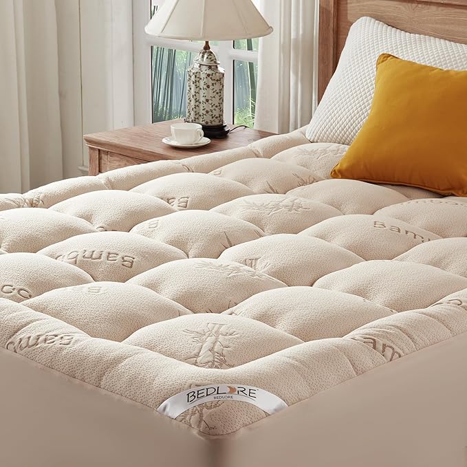 BEDLORE Full Size Mattress Topper Viscose Derived from Bamboo, Thick Pillow Top Mattress Pad with Stretchable Pockets for 6"-15" Mattress, Breathable Mattress Topper for Back Pain Relief(Beige)
