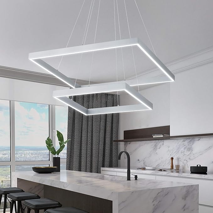 Led Chandelier 2 Layers Modern Pendant Light Dimmable 6000K Cool Whit Light Adjustable Chandelier Ceiling Light Fixture for Living Room Bedroom Kitchen Dining Room 72W 110V (Silver)