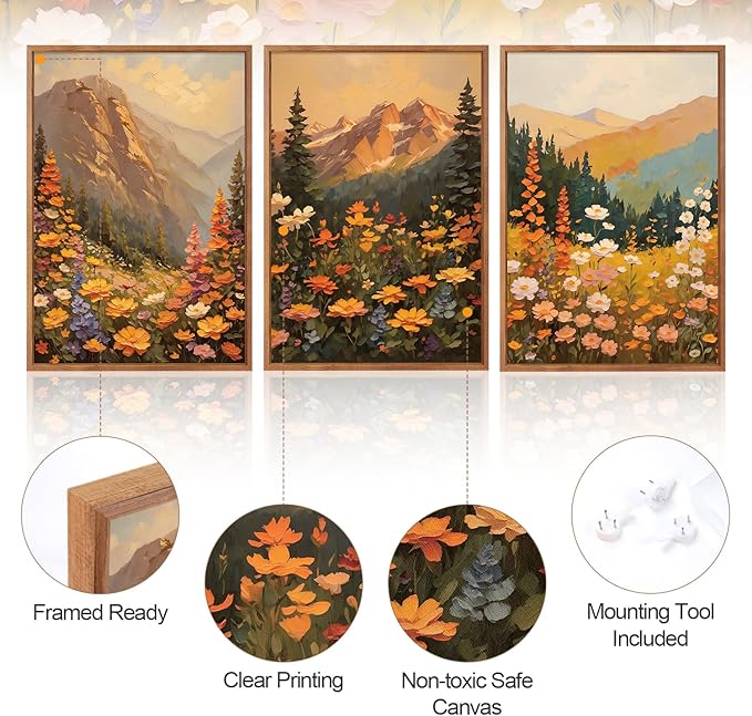 Aurlan Boho Mountain Sunset Landscape Framed Wall Art(16"x24"), 3PCS Large Wildflowers Meadow Canvas Artwork, Colorful Abstract Watercolor Nature Forest Scenery Decor for Home Office Bedroom