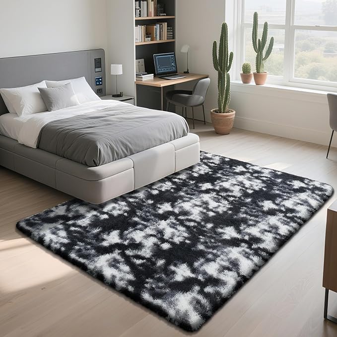 Fluffy Rug Shaggy Area Rug, Mottling Black 6x9 Area Rugs for Living Room, Large Shag Area Rugs for Bedroom Kids Room Home Decor, Upgrade Anti-Skid Rectangular Fuzzy Rugs