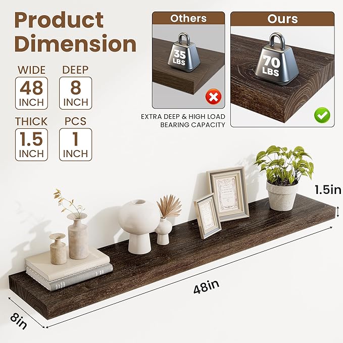 Floating Shelves, 8" Deep Rustic Solid Elm Wood Wall Mounted Floating Shelves, Wall Shelves with Invisible Bracket for Living Room Bathroom Bedroom Kitchen, 48 Inch, Walnut