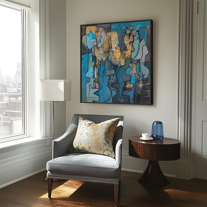 Large Framed Blue Modern Abstract Wall Art for Living Room, Canvas Paintings Artwork for Walls, Minimalist Art Prints Pictures for Hallway Bedroom Office Wall Decor -30x30 Inch