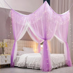 VETHIN 4 Corners Post Ruffle Princess Bed Canopy Curtain-Double Layer Cozy Drape Netting 4 Opening Mosquito Net for Girls Adults Bedroom Decoration (Double-Purple, 78" W*86" L*82"*H/(King))