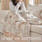 JINCHAN Boho Floral 100% Cotton Blanket 4-Layer Throw Blanket with Tassel Taupe and White Flower Butterfly Soft Luxury Rustic Farmhouse Decor Blanket for Couch Bed 80x90 inch All Season gift for women