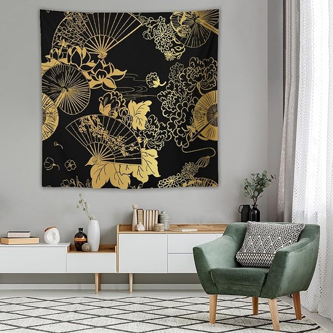 HZOHNAGO Japanese Tapestry Gold Flowers Umbrella Fan Pattern Printed Wall Tapestry Painting Wall Hanging for Bedroom Living Room Dorm 60" W x 60" H