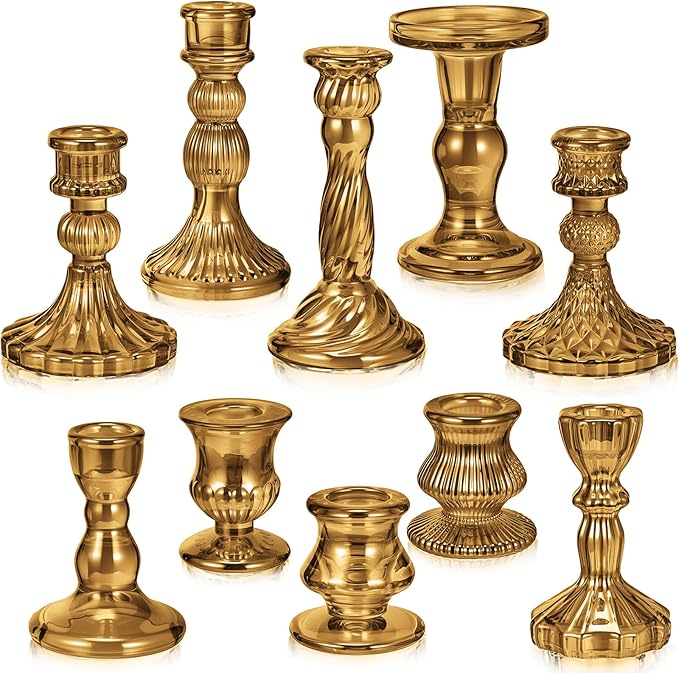 Mumufy 10 Pcs Glass Crystal Taper Candle Holders Clear Glass Candlestick Holder Fit 0.8 Inch Candles Crystal Decorative Candle Stand Centerpiece Table Wedding Dining Party (Classic,Brown)