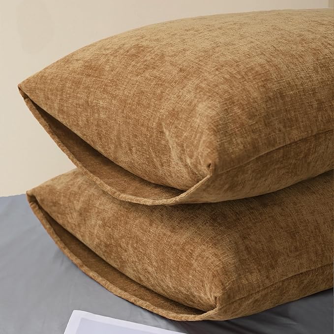 CaliTime Throw Pillow Covers Decorative 20 X 26 Inches Pack of 2 Cozy Chenille Standard Pillow Shams Cases for Couch Sofa Bed Living Room Home Apricot Brown