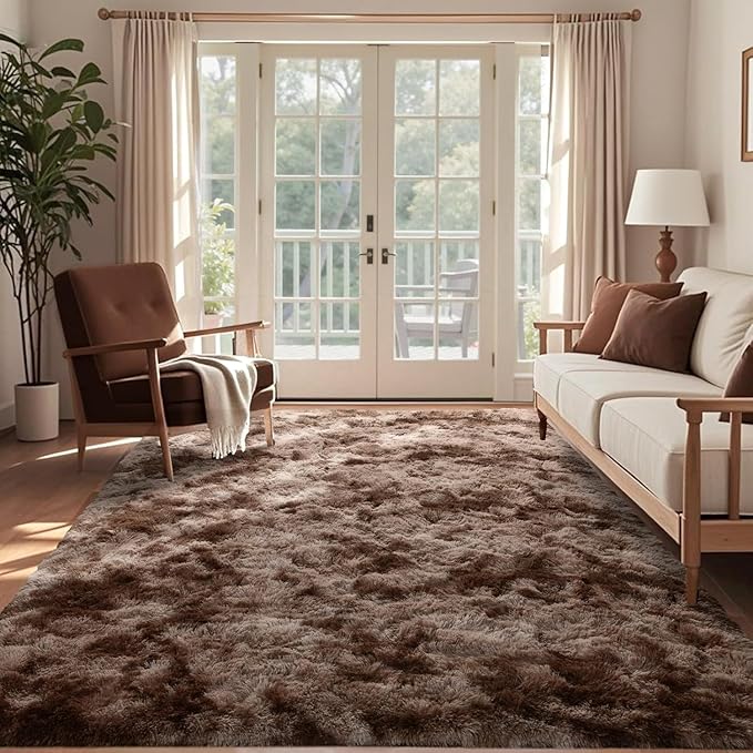 8x10 Ft Extra Large Shag Brown Area Rug for Living Room, Tie-Dyed Ultra Soft Fluffy Furry Rugs for Bedroom Indoor Floor, Aesthetic Carpet for Kids Home Decor (Coffee)