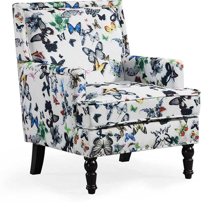 Accent Chair, Modern Comfy Mid-Century Anthropologie Accent Chairs, Linen Upholstered Wingback Lounge Arm Chair with Solid Wood,Single Floral Pattern Chair for Living Room/Balcony/Bedroom