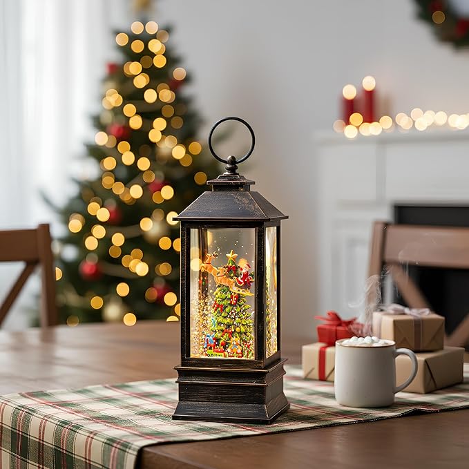 10'' Musical Snow Globe Lantern Lighted Christmas Tree and Flying Santa Water Lantern Swirling Glittering Home Decoration and Gift, Battery Operated or USB Powered