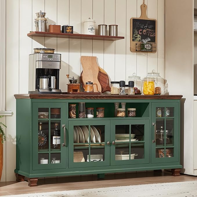 Large Sideboard Buffet Cabinet with Storage, Vintage Green Farmhouse 60" Wide Credenza Accent Cabinets with Glass Doors & Wood Legs, Kitchen Coffee Bar Table for Dining Room, Living Room