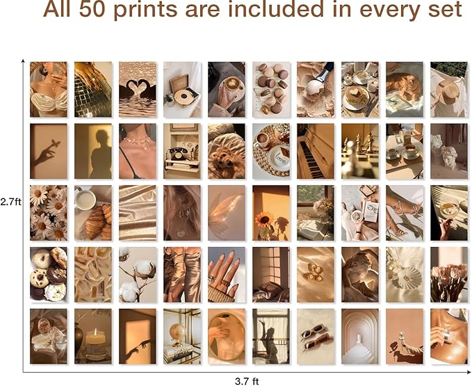 Y2K BOO Brown Sunshine Wall Collage Kit - 50pcs Aesthetic Posters for Room Decor, Warm and Cozy Wall Art, Perfect for Teen Girls' Bedrooms, Trendy Brown Aesthetic