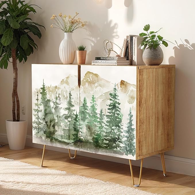 SIGNWIN Sideboard Buffet Cabinet, Kitchen Storage Cabinet with 2 Doors, Pastel Watercolor Mountain Forest, Cupboard Console Table for Dining Room - 35" L x 18" W x 29" H