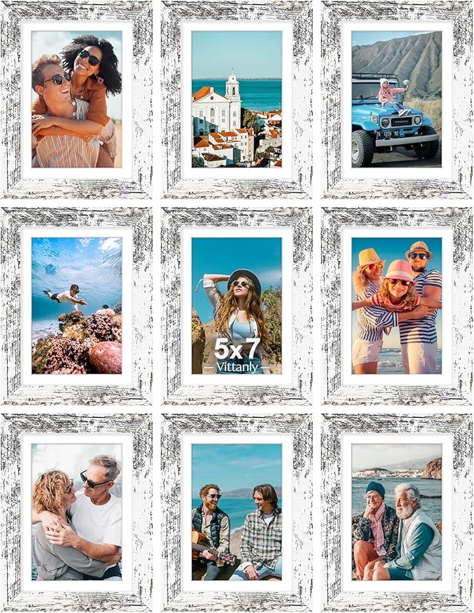 Vittanly 5x7 Picture Frames Set of 9, Shatter Resistant Plexiglass, Display 4x6 Pictures with Mat or 5x7 without Mat, Photo Frames for Wall or Tabletop, Engineered Wood, Distressed White