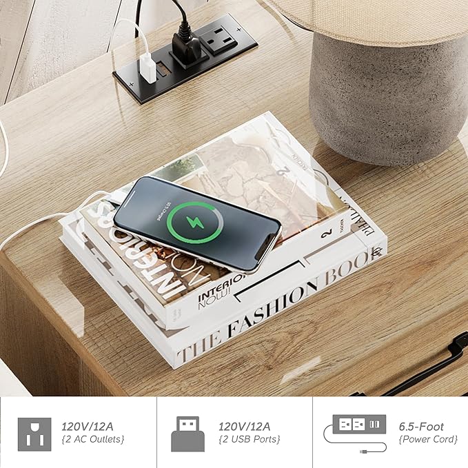 WAMPAT End Table with Charging Station, Wood Side Table with Drawer and Storage Cabinet, Modern End Table with Power outlets USB Ports for Living Room Bedroom, Oak