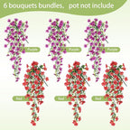 Artificial Hanging Flowers for Outdoors Faux Plants for Spring Summer Decoration,6 Bundles UV Resistant Realistic Silk Flowers Indoor Outside Garden Porch Patio Balcony Yard Farmhouse