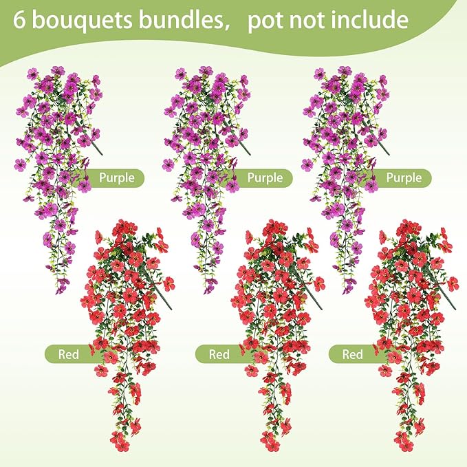Artificial Hanging Flowers for Outdoors Faux Plants for Spring Summer Decoration,6 Bundles UV Resistant Realistic Silk Flowers Indoor Outside Garden Porch Patio Balcony Yard Farmhouse
