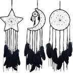 3PCS/LOT Star Moon Sun Shape Dream Catcher Home Decoration, and Baby Kids Room Accessory - Dream Catcher with Feather Decoration - Unique Home Craft Wall Pendant (Black)