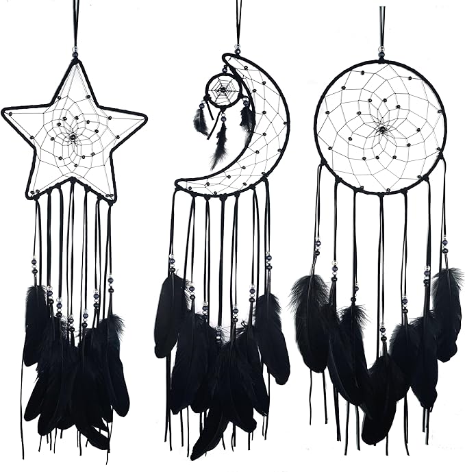 3PCS/LOT Star Moon Sun Shape Dream Catcher Home Decoration, and Baby Kids Room Accessory - Dream Catcher with Feather Decoration - Unique Home Craft Wall Pendant (Black)