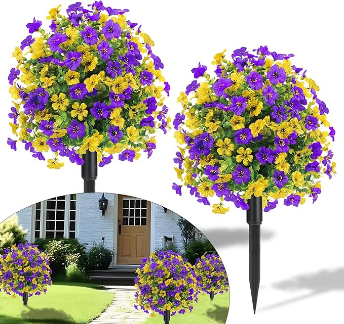 22.8" Set of 2 Fall Artificial Boxwood Topiary Ball with Spikes,UV Resistant Fake Outdoor shrubs with Violet Flowers, Faux Plants Bushes for Garden Front Porch Yard Patio Decor (Yellow+Purple)