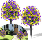 22.8" Set of 2 Fall Artificial Boxwood Topiary Ball with Spikes,UV Resistant Fake Outdoor shrubs with Violet Flowers, Faux Plants Bushes for Garden Front Porch Yard Patio Decor (Yellow+Purple)