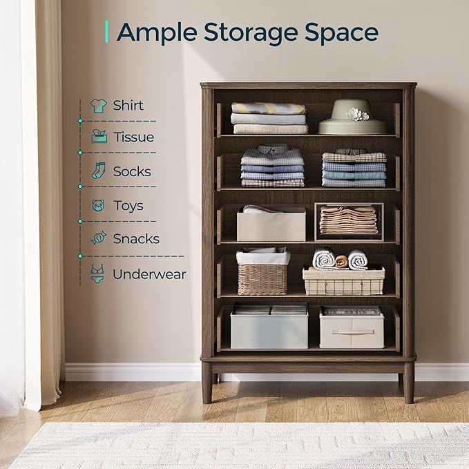 LINSY HOME Fluted Dresser for Bedroom with 5 Drawers, 46" Tall Mid Century Modern Dressers, Wide Boho Chest of Drawer, Large Wood Accent Storage Cabinet for Living Room, Curved Profile Design, Walnut