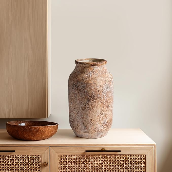 Rustic Terracotta Vase, Farmhouse Ceramic Vase, Decorative Clay Vintage Vases for Home Decor, Living Room,Table, Shelf Decor, 9 inch, Brown