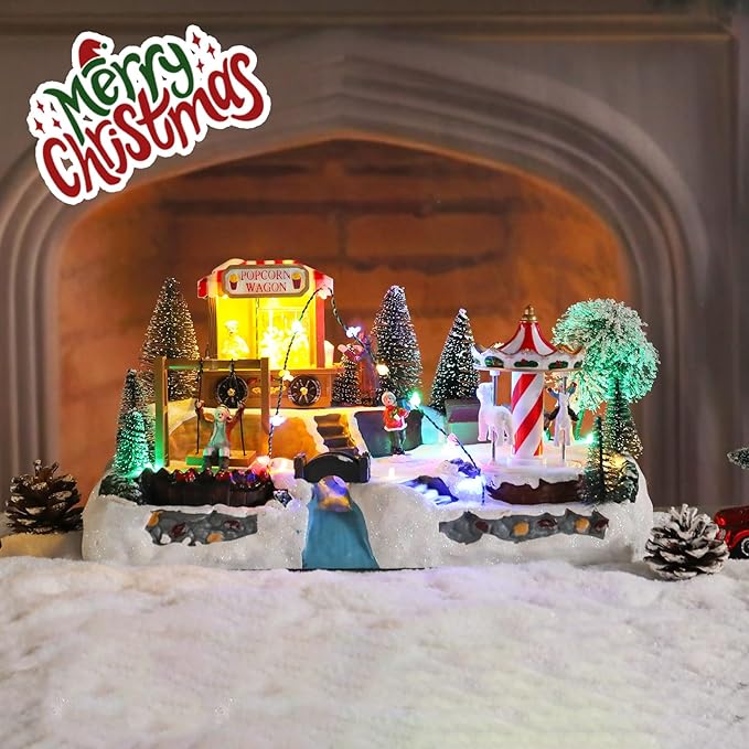taman Christmas Village Houses - Musical Amusement Park Collectible Buildings with Merry-go-Around,Swing,Popcorn Wagon Ornaments for Christmas Holiday Decorations