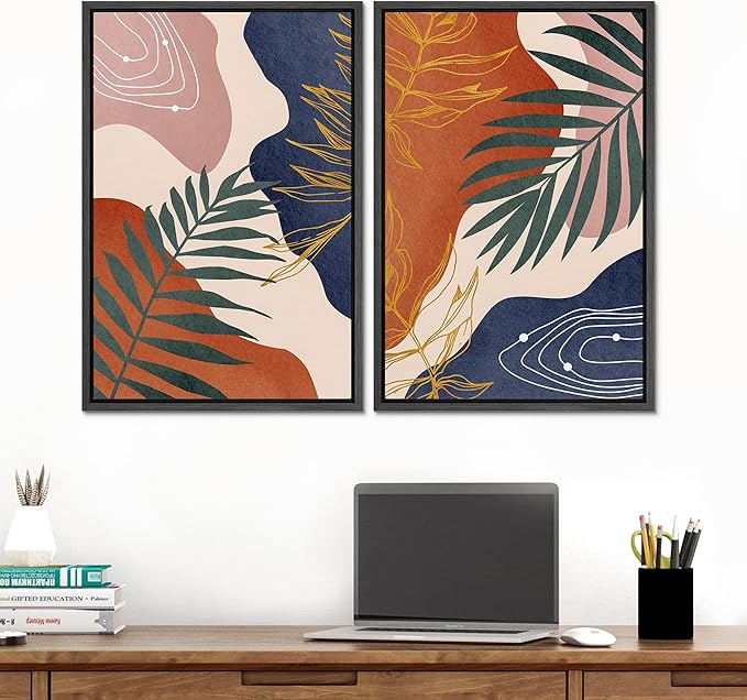 SIGNFORD Framed Canvas Print Wall Art Set Retro Mid-Century Geometric Forest Plants Abstract Shapes Illustrations Modern Art Decorative Bohemian for Living Room, Bedroom, Office - 24"x36"x2 Black
