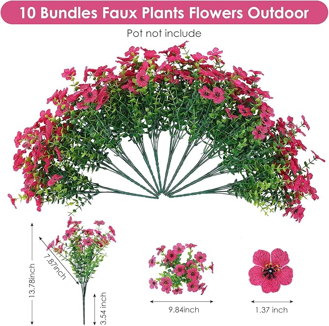 10 Bundles Artificial Faux Flowers for Outdoor,10Pcs Fake Flowers for Home Decor,Plastic Flowers Shrubs Lifelike Artificial Greenery Home Porch Stems Outside Decor(Rose Red)