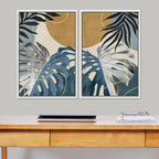 SIGNFORD Framed Canvas Print Wall Art Set Jungle Tropical Monstera Palm Leaf Abstract Shapes Illustration Modern Art Decorative Nordic Nature for Living Room, Bedroom, Office - 16"x24"x2 White